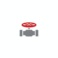 A flat illustration of a gray pipe with a red valve wheel on white background