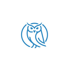 A minimalist blue owl icon within a circle. Lines form its features