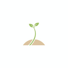 A stylized illustration depicting a sprout emerging from the soil with two green leaves on top
