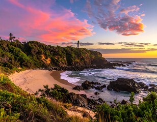 Coastal scene during a vibrant sunset with a lighthouse