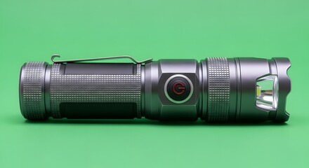 A high-powered flashlight with a textured grip and adjustable focus lying on a vibrant green background for outdoor or emergency use