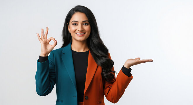 Smiling Indian woman making OK gesture and presenting happily.