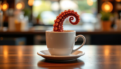 Surreal Coffee Cup with Octopus Tentacle Cafe Setting