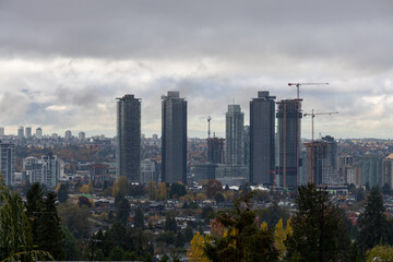 Fototapeta premium Modern Burnaby Skyline With Under Construction High Rise Towers in Greater Vancouver, BC Canada Perspective