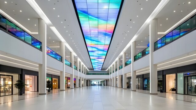 Minimalist Shopping Mall Atrium Illuminated By Cascading LED Advertisements, Blending Sleek Architectural Design, Modern Retail Ambiance, And The Bright Pulse Of Digital Urban Innovation