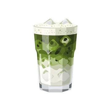 Flat illustration of a matcha iced latte in a glass, refreshing Asian drink design.