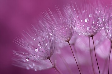 Dandelion seeds with water drops on a blurred magenta background