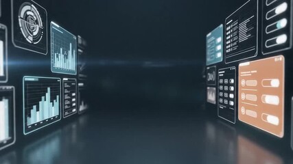 Futuristic control room with various screens displaying data and graphs on a dark background with a metallic floor and cinematic lighting. - Powered by Adobe