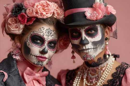 Loving couple in costumes of skeletons and skull makeup, have scared expressions, celebrate autumn holiday, pose during horror party, isolated over pink background. Happy Halloween time concept
