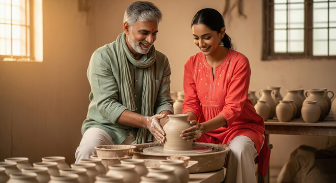 Indian Potters Crafting Clay Together in Traditional Workshop