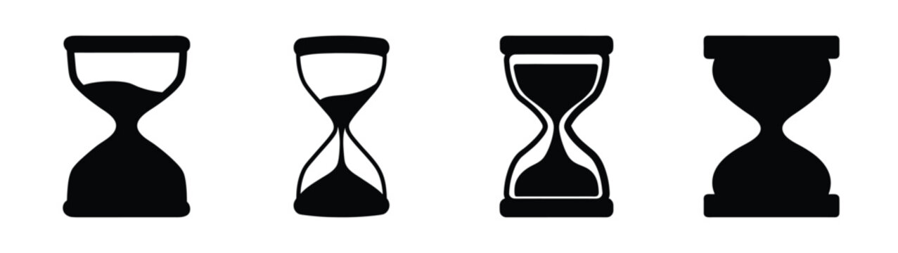 Four distinct hourglass icons showcasing different stages of sand flow and fill levels