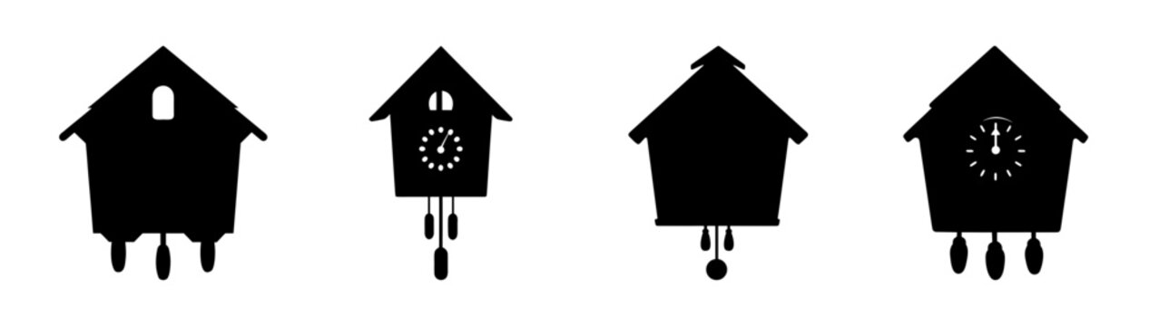 Four distinct silhouette cuckoo clock designs with pendulums and weights