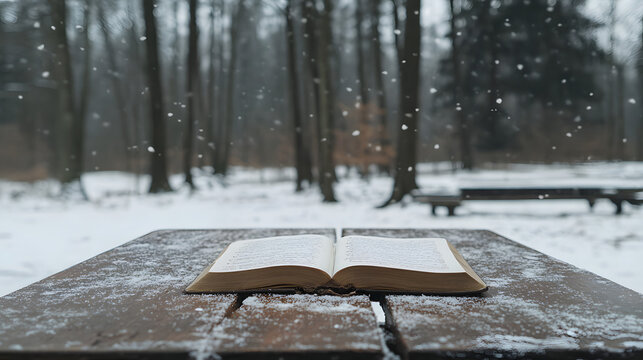 Open Bible on a wooden bench in a snowy forest with snow falling and trees in the background captured in a natural setting