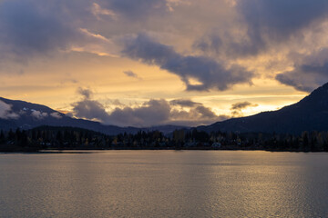 Tranquil Sunset Over Mountain Lake in British Columbia, Canada During Dusk Light