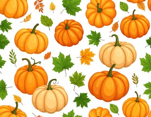 Seamless pattern with illustrated orange pumpkins and autumn leaves