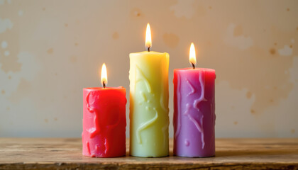 Colorful Burning Candles Rustic Wooden Surface