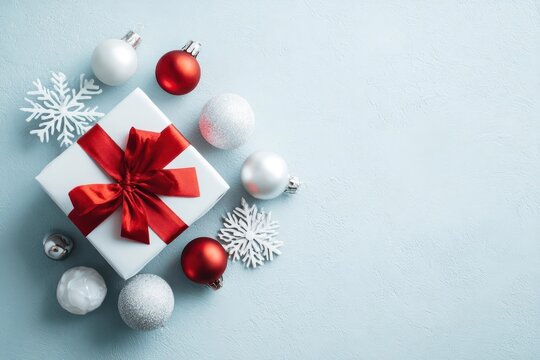 Elegant white gift box tied with a red ribbon surrounded by festive christmas ornaments and snowflakes
