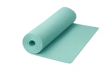 Rolled out light blue yoga mat on transparent background