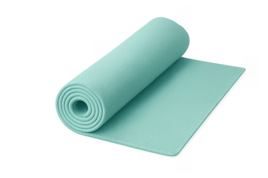 Rolled out light blue yoga mat on transparent background