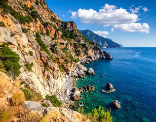 Coastal scene with cliffs, vegetation, and a tranquil blue sea under a blue sky