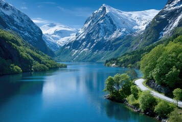 a panoramic view of the norwegian fjords, showcasing majestic mountains and waterfalls with clear blue waters against a backdrop of lush green forests