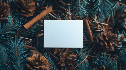 Festive evergreen branches and pinecones frame a blank card with cinnamon sticks, perfect for holiday greetings and seasonal business announcements