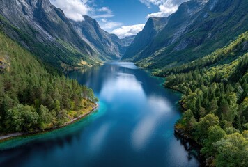 a panoramic view of the fjords in norway, showcasing majestic mountains and deep blue waters with waterfalls cascading down their sides.