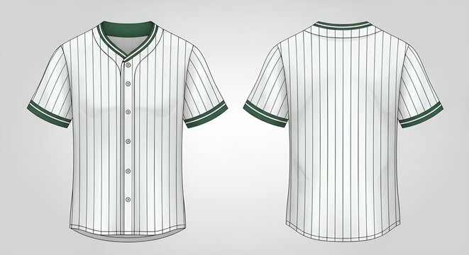 A blank white baseball jersey template with green pinstripes and trim from front and back