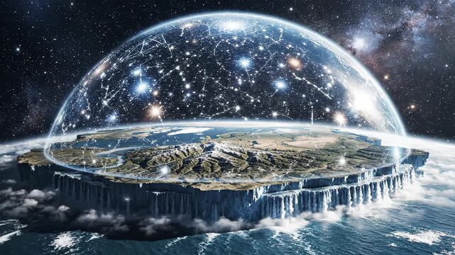 Flat Earth concept showing a disc-shaped planet under a transparent dome filled with stars, featuring detailed cityscapes and icy edges.