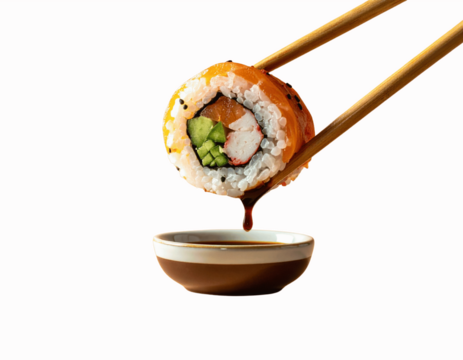 Salmon Sushi Roll Above Soy Sauce Bowl, Mid-Air Motion with Chopsticks
