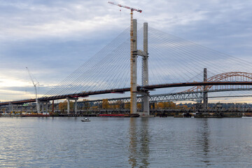Cable-Stayed Bridge Under Construction Over River in New Westminster, Greater Vancouver Area