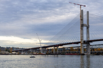 Cable-Stayed Bridge Under Construction Over The River In New Westminster, Vancouver Area