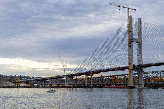 Cable-Stayed Bridge Under Construction Over The River In New Westminster, Vancouver Area