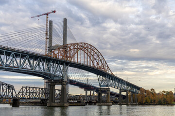 New Westminster Bridge Under Construction With Crane Over River in Greater Vancouver, BC, Canada—Scenic View