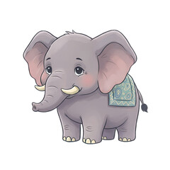 Cute cartoon elephant with big ears wearing a decorative blanket on its back and a small tail stands on a transparent background