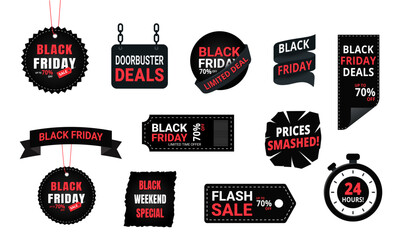 Black Friday badges vector illustration set. Modern sale labels, discount tags, ribbon, flash sale stickers, special deals and promotional offers collection