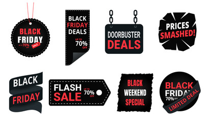 Black Friday badges vector illustration set. Modern sale labels, discount tags, ribbon, flash sale stickers, special deals and promotional offers collection