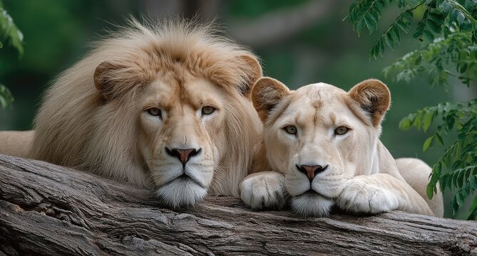 two lions, one male and one female, lying on a tree log, with an african savannah background