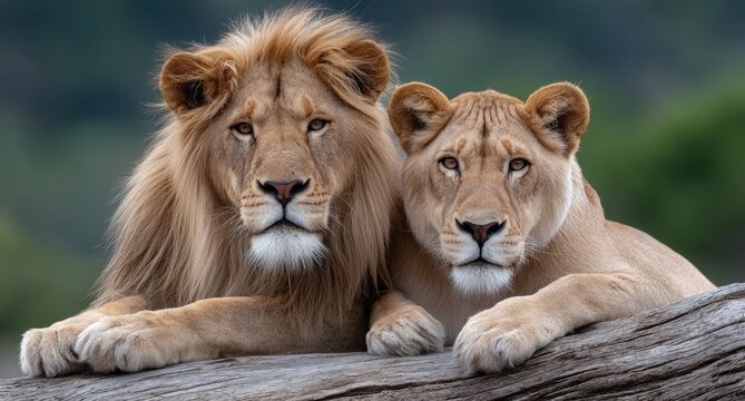 two lions lying on a tree log, a male and a female lioness
