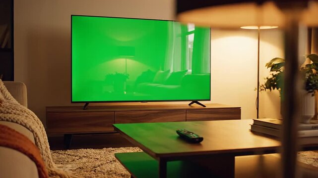 Cozy evening scene in a contemporary home featuring a television with a chroma key green screen on a wooden console
