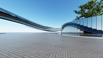Modern eco-Friendly architecture, Green architectural design, Abstract curved building background for car presentation backdrop with empty concrete floor, 3d rendering