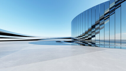 Abstract architecture, architectural background, Curved glass building for car presentation backdrop with empty concrete floor, 3d rendering