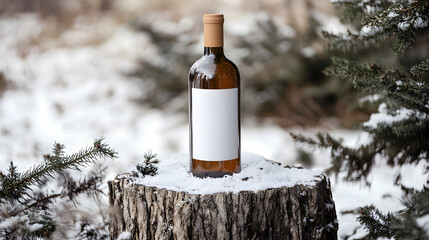 Festive winter wine bottle with blank label mock-up on snowy tree stump perfect for holiday events marketing and seasonal product promotion campaigns