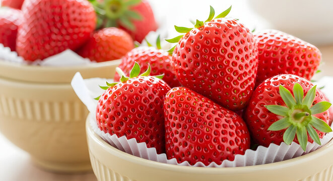 Fresh ripe strawberries in bowls on table for breakfast