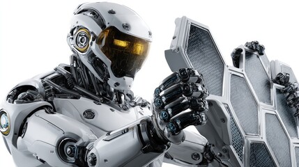 Fototapeta premium Cybernetic Sentinel: A futuristic robot stands in a moment of stoic anticipation, clutching a high-tech shield and emanating strength and resilience.