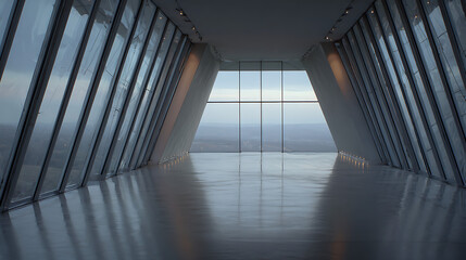 Obraz premium Modern architectural interior with expansive glass walls overlooking a vast landscape architecture