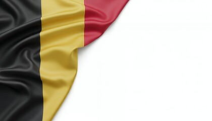Realistic close up of the Belgium flag, soft fabric folds, spacious negative space on the right for text