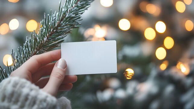 Blank card in hand by Christmas tree beckons personalized holiday wishes, inviting creativity and connection during the festive season's heartfelt greetings