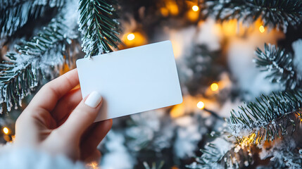 Elegant hand holding blank card near festive wintery pine branches with glowing lights for holiday greetings, invitations and heartfelt messages