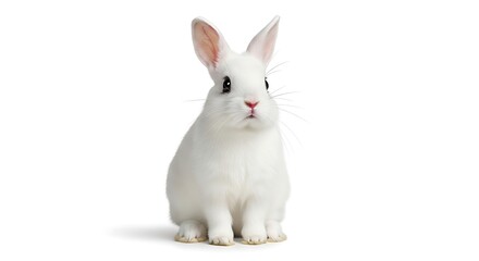 Fototapeta premium A small, white rabbit sits upright, looking directly at the viewer against a plain white background.